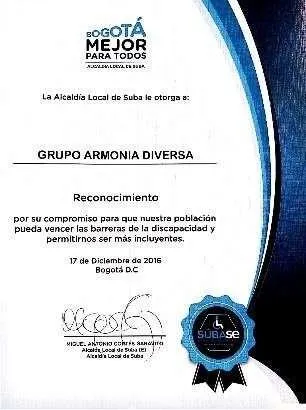 Diploma de reconocimiento de la Alcaldía Local de Suba al Grupo Armonía Diversa