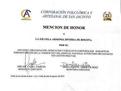 Diploma de mención de honor de la Corporación Folclórica y Artesanal de San Jacinto