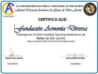 Certificado de la Corporación Folclórica y Artesanal de San Jacinto por la participación en el festival