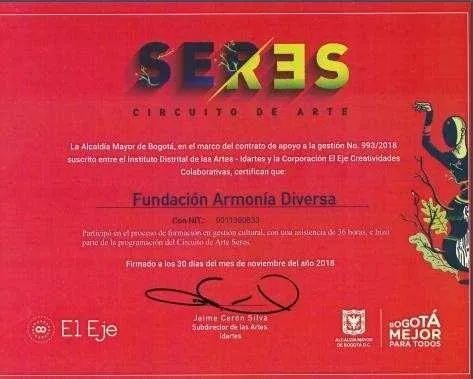 Certificado rojo del circuito de arte SERES a nombre de la Fundación Armonía Diversa
