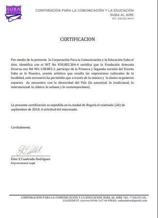 Carta de certificación de la Corporación para la Comunicación y la Educación Suba al Aire