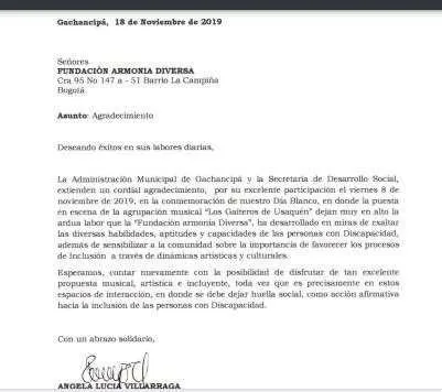 Carta de agradecimiento de la Administración Municipal de Gachancipá a la fundación