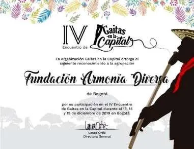 Diploma de reconocimiento del IV Encuentro de Gaitas en la Capital a la Fundación Armonía Diversa