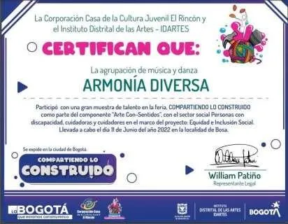 Certificado de participación de la agrupación de música y danza Armonía Diversa en la feria