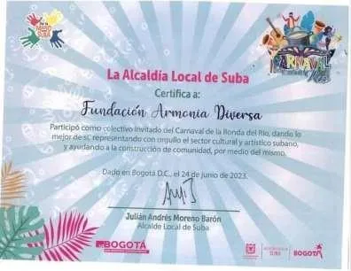 Certificado de la Alcaldía Local de Suba por la participación en el Carnaval de la Ronda del Río