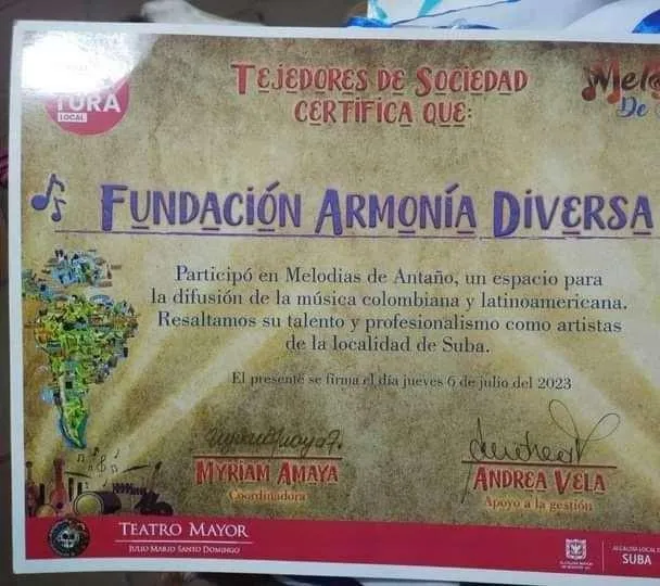 Certificado de Tejedores de Sociedad por la participación en Melodías de Antaño