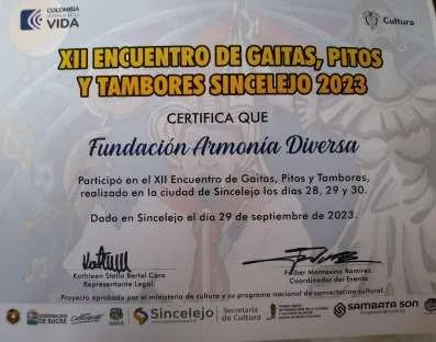 Certificado de participación en el XII Encuentro de Gaitas, Pitos y Tambores de Sincelejo