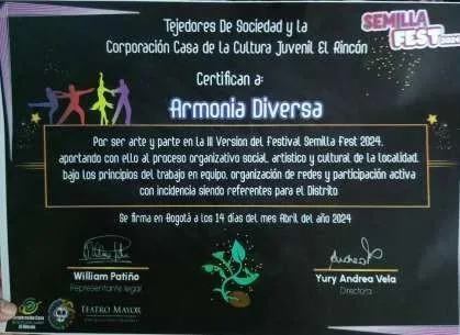 Certificado del Festival Semilla Fest 2024 a nombre de Armonía Diversa