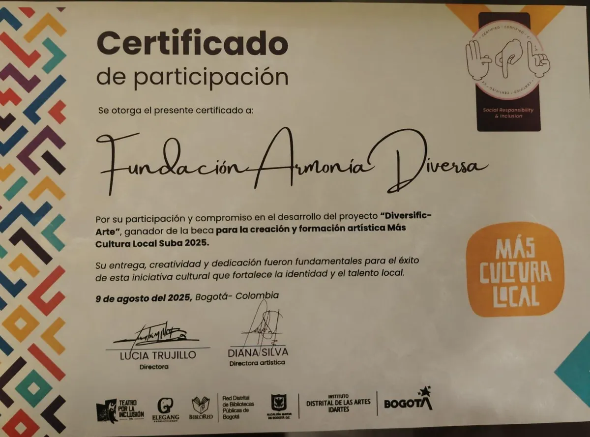 Certificado de participación de la Fundación Armonía Diversa en el proyecto Diversific-Arte